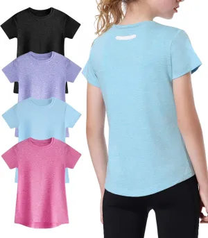 EXARUS 4 Pack Girls Athletic Shirts Quick Dry Shirts Short Sleeve T Shirts Tee Workout Activewear Tops for Tween