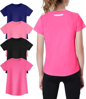 EXARUS 4 Pack Girls Athletic Shirts Quick Dry Shirts Short Sleeve T Shirts Tee Workout Activewear Tops for Tween
