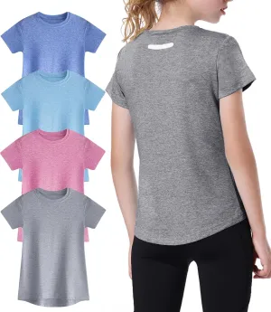 EXARUS 4 Pack Girls Athletic Shirts Quick Dry Shirts Short Sleeve T Shirts Tee Workout Activewear Tops for Tween