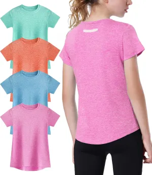 EXARUS 4 Pack Girls Athletic Shirts Quick Dry Shirts Short Sleeve T Shirts Tee Workout Activewear Tops for Tween