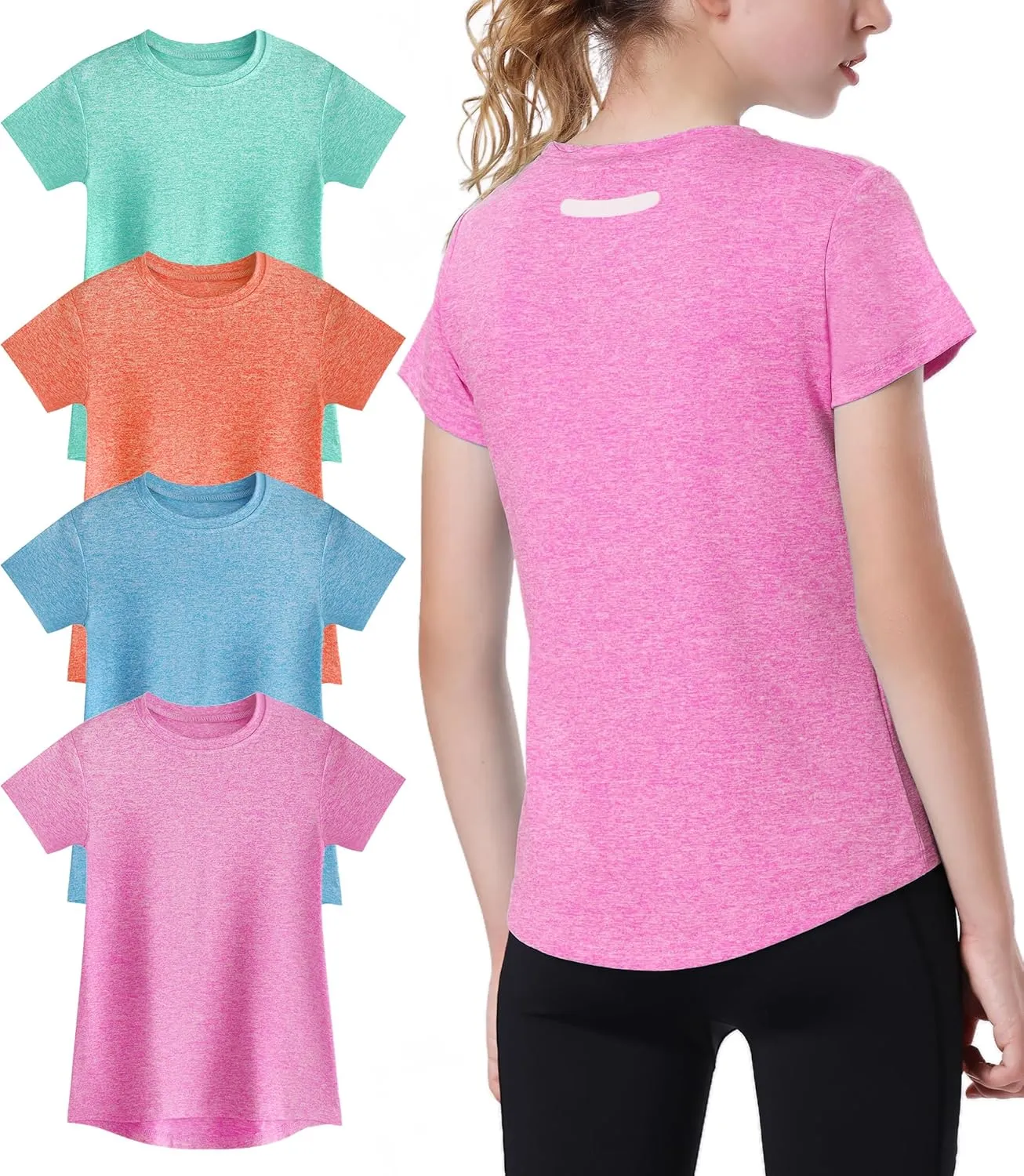EXARUS 4 Pack Girls Athletic Shirts Quick Dry Shirts Short Sleeve T Shirts Tee Workout Activewear Tops for Tween