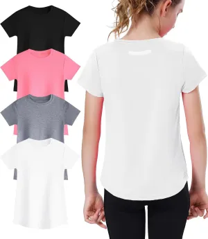 EXARUS 4 Pack Girls Athletic Shirts Quick Dry Shirts Short Sleeve T Shirts Tee Workout Activewear Tops for Tween