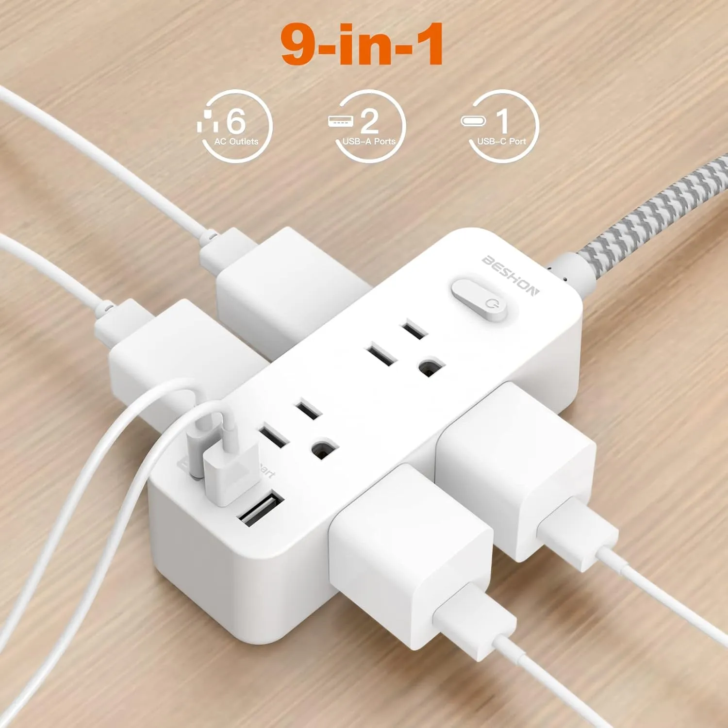 Extension Cord 20FT, BESHON Power Strip Surge Protector, 6 Outlets with 3 USB Ports(1 USB C Outlet), 3-side Outlet Extender, Wall Mount, Compact for Travel, Home, School, College Dorm Room, and Office