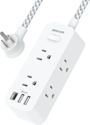Extension Cord 20FT, BESHON Power Strip Surge Protector, 6 Outlets with 3 USB Ports(1 USB C Outlet), 3-side Outlet Extender, Wall Mount, Compact for Travel, Home, School, College Dorm Room, and Office