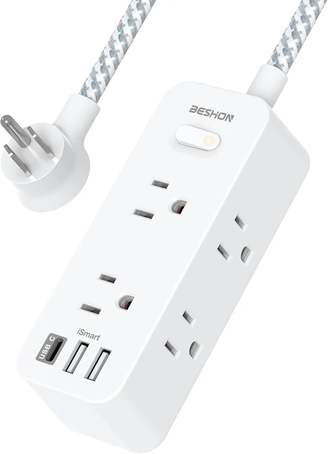 Extension Cord 20FT, BESHON Power Strip Surge Protector, 6 Outlets with 3 USB Ports(1 USB C Outlet), 3-side Outlet Extender, Wall Mount, Compact for Travel, Home, School, College Dorm Room, and Office