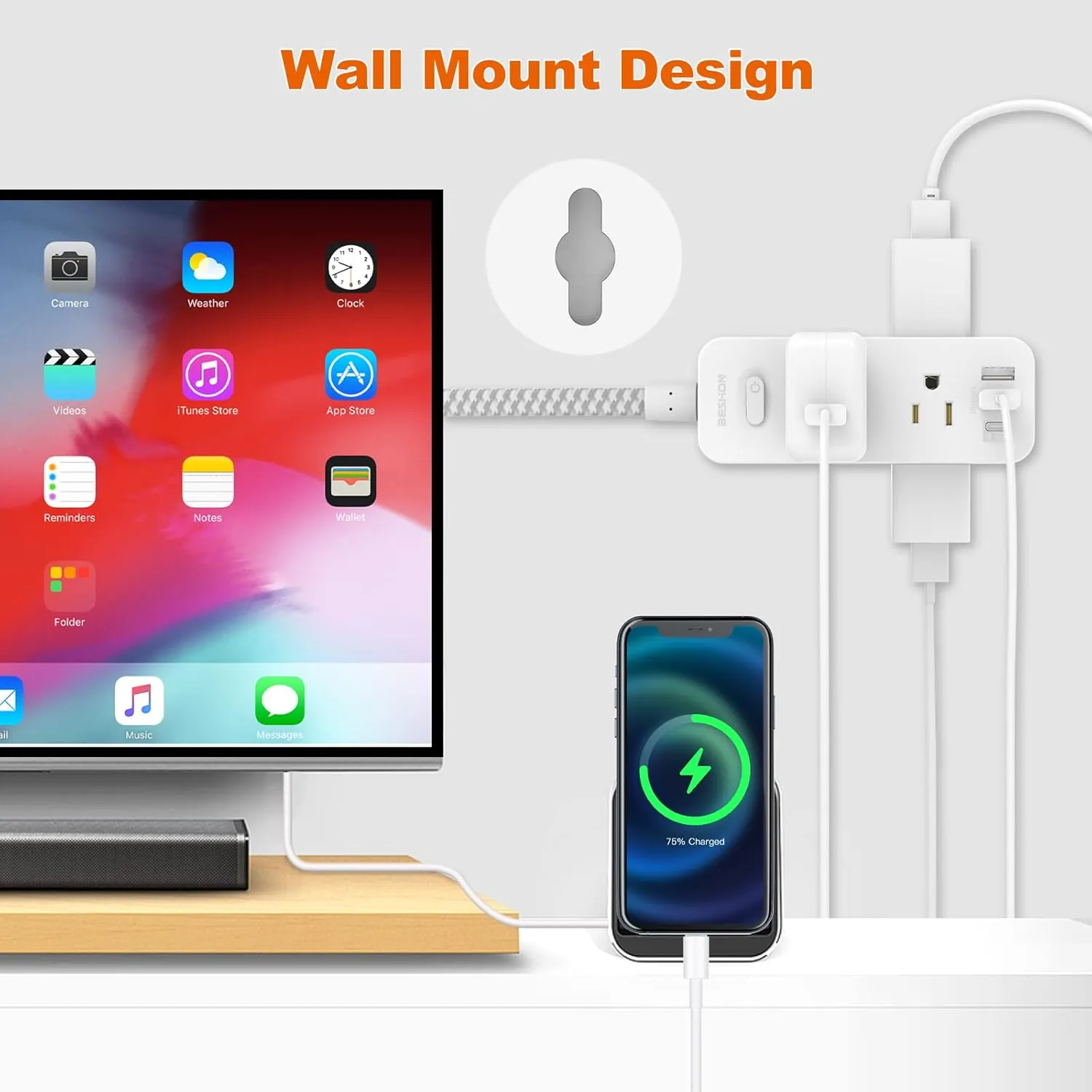 Extension Cord 20FT, BESHON Power Strip Surge Protector, 6 Outlets with 3 USB Ports(1 USB C Outlet), 3-side Outlet Extender, Wall Mount, Compact for Travel, Home, School, College Dorm Room, and Office