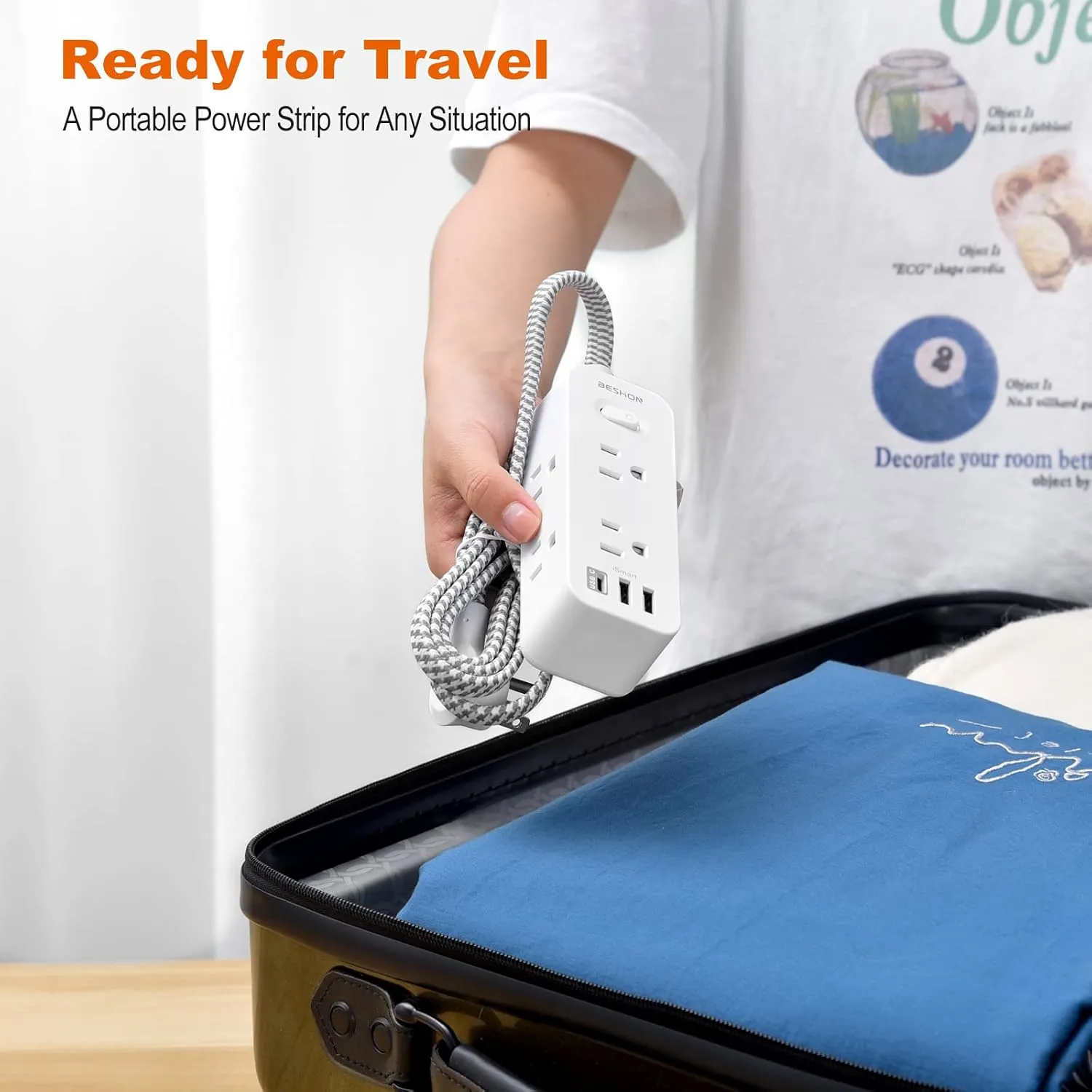Extension Cord 20FT, BESHON Power Strip Surge Protector, 6 Outlets with 3 USB Ports(1 USB C Outlet), 3-side Outlet Extender, Wall Mount, Compact for Travel, Home, School, College Dorm Room, and Office