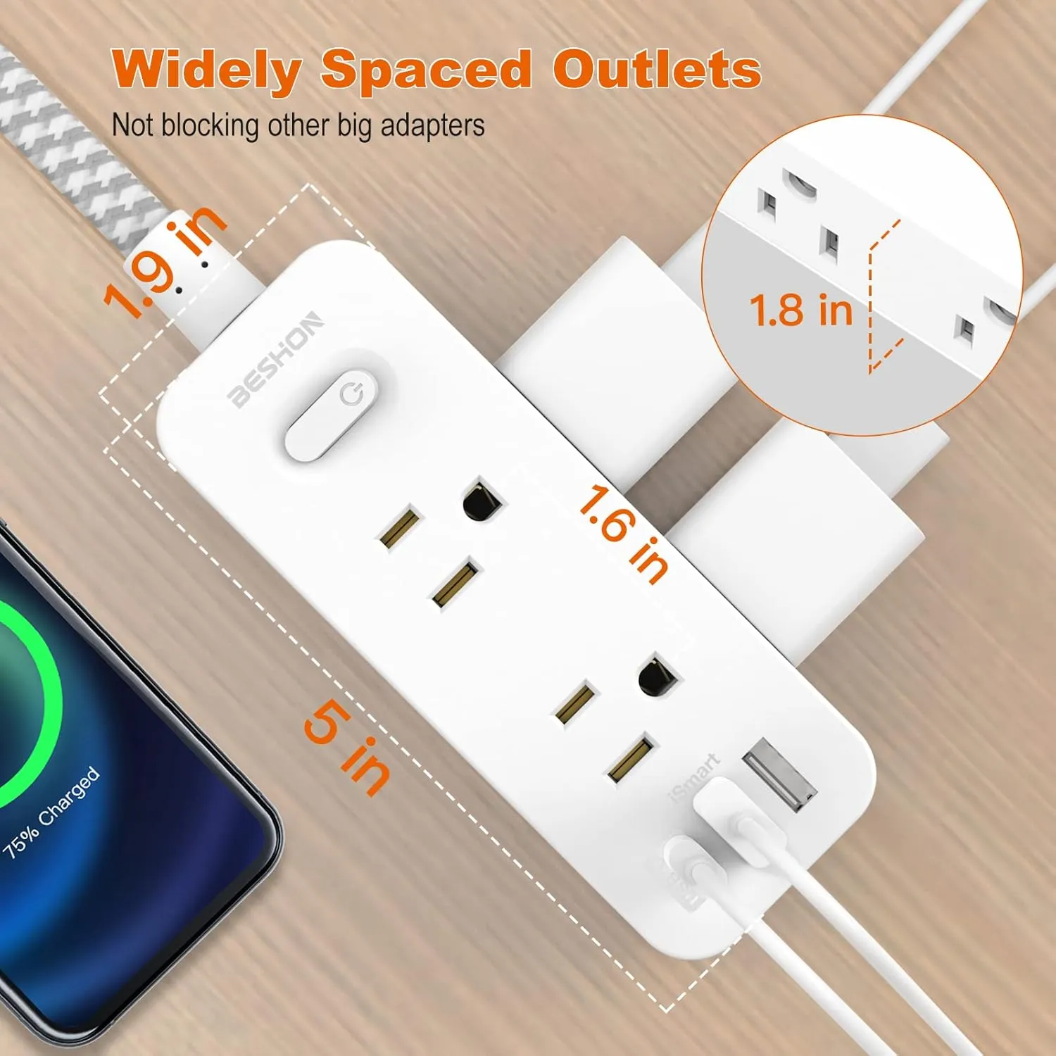 Extension Cord 20FT, BESHON Power Strip Surge Protector, 6 Outlets with 3 USB Ports(1 USB C Outlet), 3-side Outlet Extender, Wall Mount, Compact for Travel, Home, School, College Dorm Room, and Office