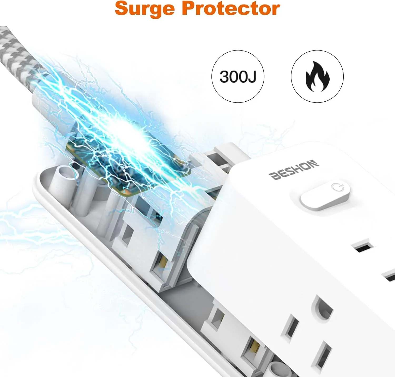 Extension Cord 20FT, BESHON Power Strip Surge Protector, 6 Outlets with 3 USB Ports(1 USB C Outlet), 3-side Outlet Extender, Wall Mount, Compact for Travel, Home, School, College Dorm Room, and Office