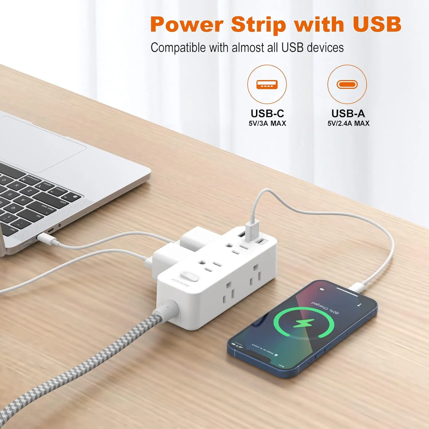 Extension Cord 20FT, BESHON Power Strip Surge Protector, 6 Outlets with 3 USB Ports(1 USB C Outlet), 3-side Outlet Extender, Wall Mount, Compact for Travel, Home, School, College Dorm Room, and Office