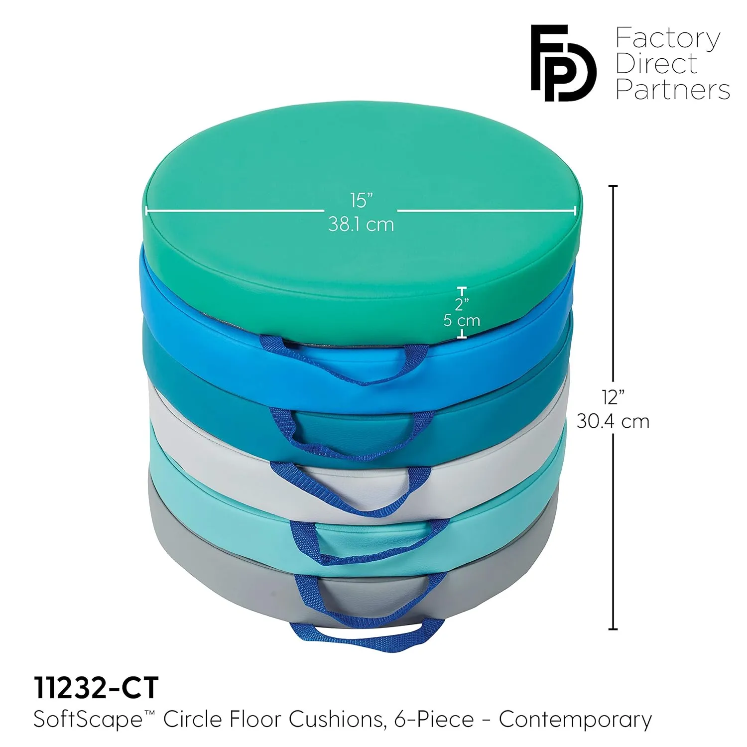 Factory Direct Partners SoftScape 15 inch Round Classroom Floor Cushions with Handles; Flexible Seating for Daycare, Preschool, Playroom; 2 inch Thick Deluxe Foam (6-Piece) - Contemporary, 11232-CT