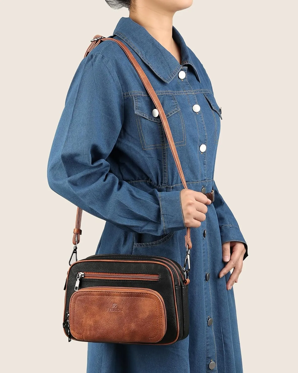 FADEON Crossbody Bags for Women Multi-pocket Leather Crossbody Purses, Designer Shoulder Bag Adjustable Removable Strap