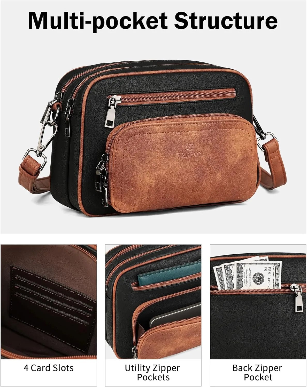 FADEON Crossbody Bags for Women Multi-pocket Leather Crossbody Purses, Designer Shoulder Bag Adjustable Removable Strap