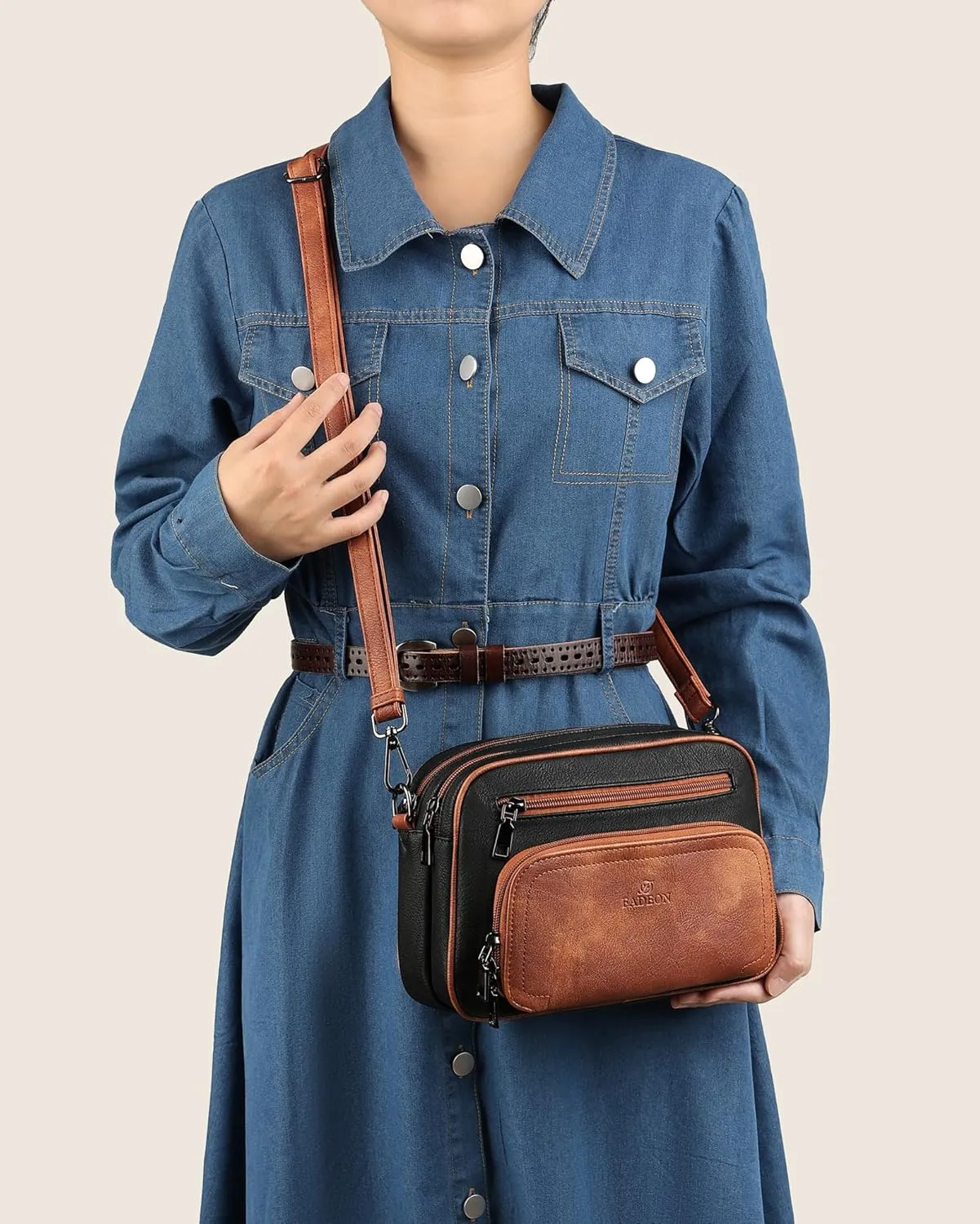 FADEON Crossbody Bags for Women Multi-pocket Leather Crossbody Purses, Designer Shoulder Bag Adjustable Removable Strap