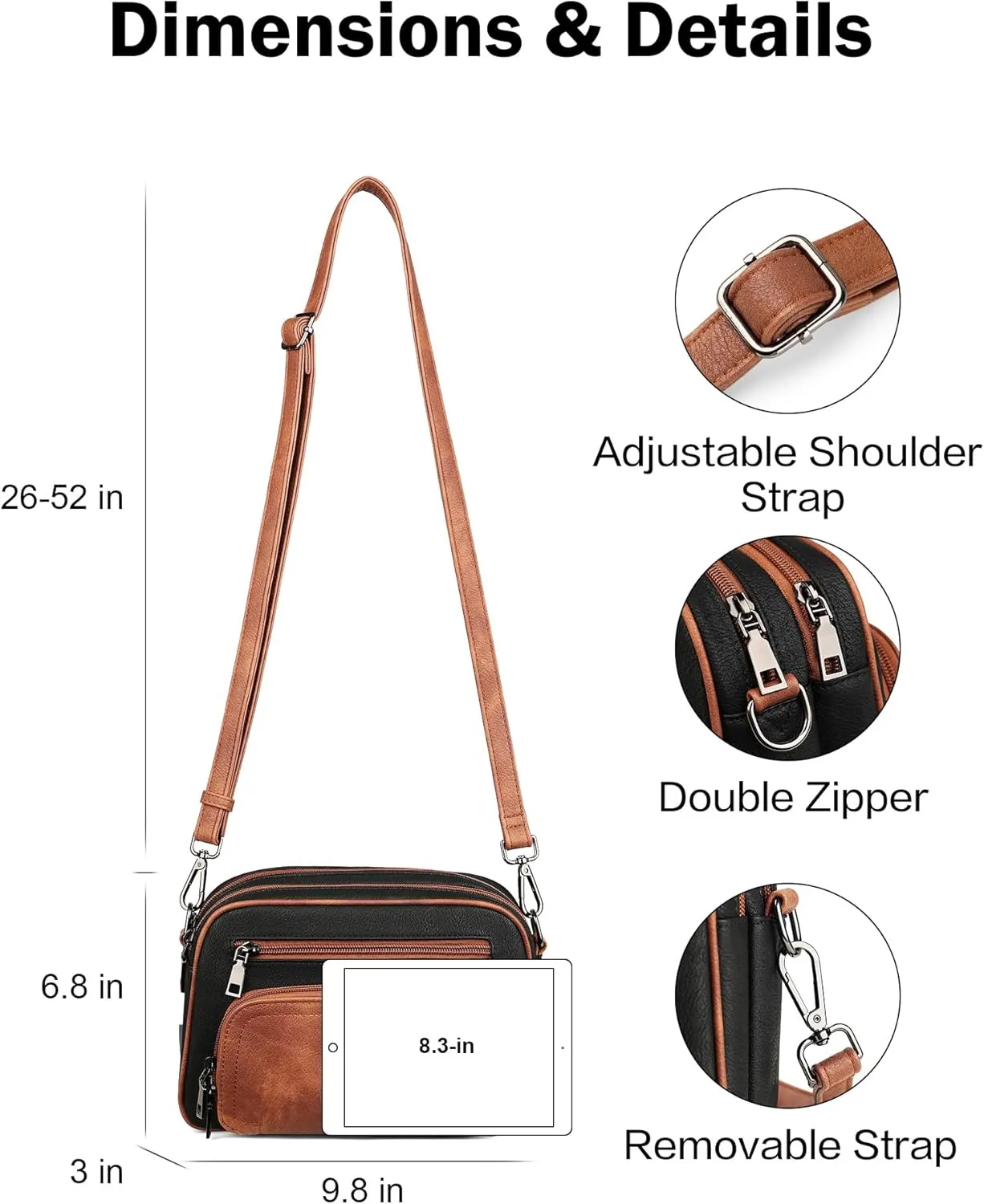 FADEON Crossbody Bags for Women Multi-pocket Leather Crossbody Purses, Designer Shoulder Bag Adjustable Removable Strap