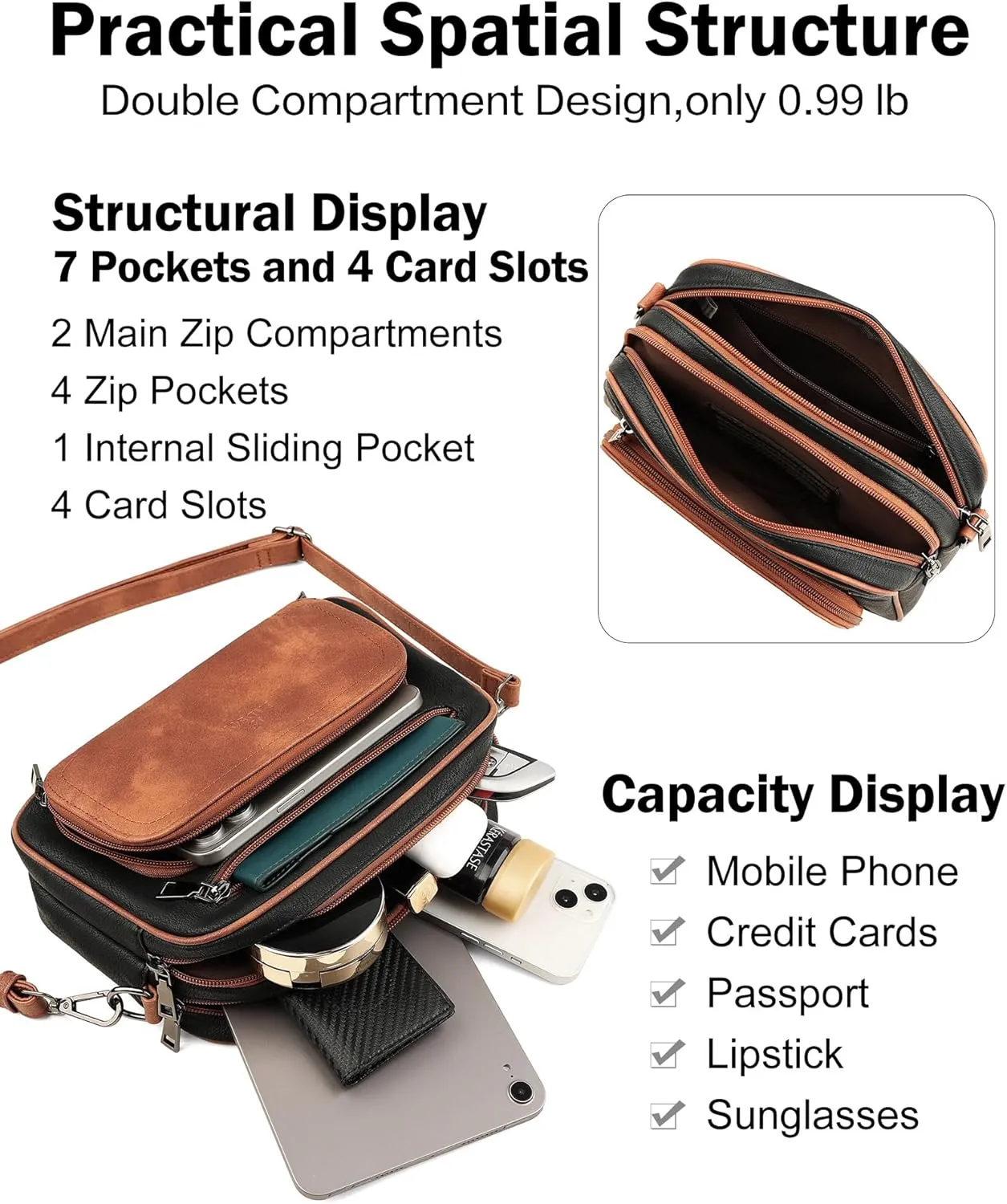 FADEON Crossbody Bags for Women Multi-pocket Leather Crossbody Purses, Designer Shoulder Bag Adjustable Removable Strap