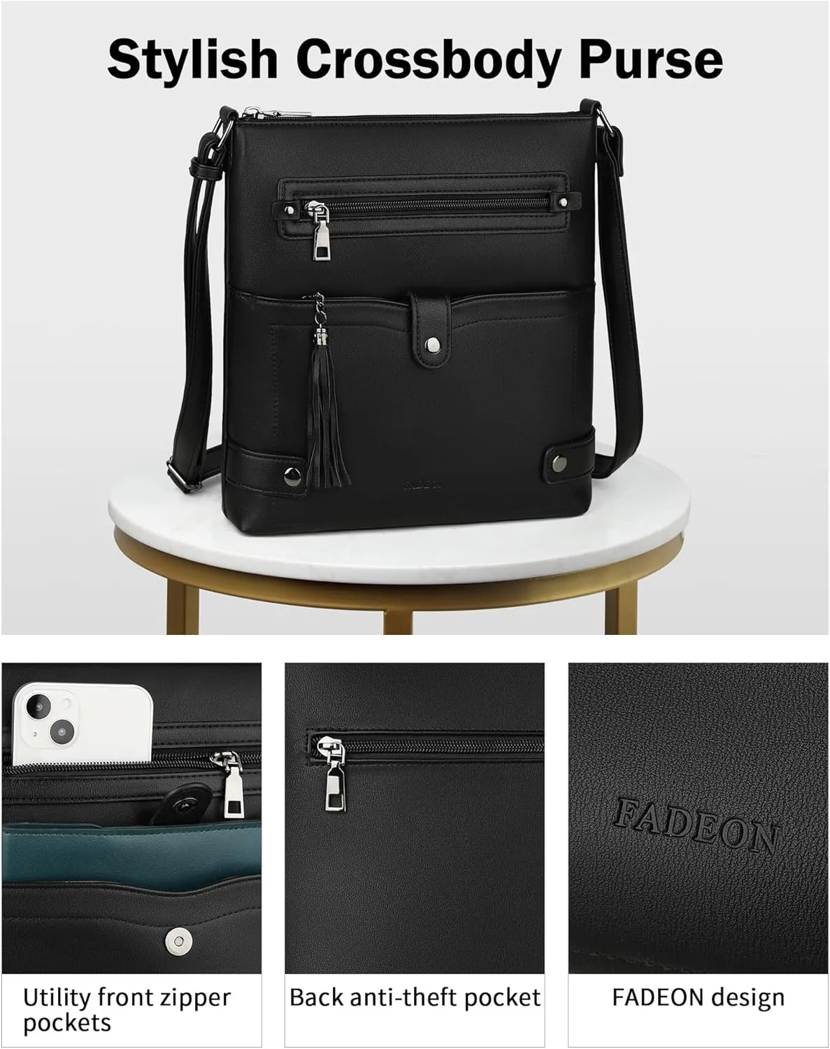 FADEON Crossbody Purses for Women Crossbody Bag, Designer Multi Pockets Shoulder Travel Purses with Tassel