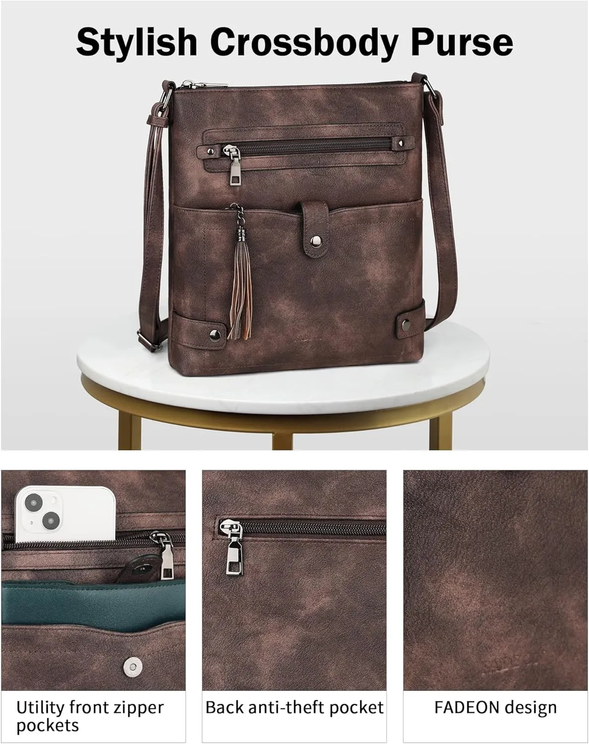 FADEON Crossbody Purses for Women Crossbody Bag, Designer Multi Pockets Shoulder Travel Purses with Tassel