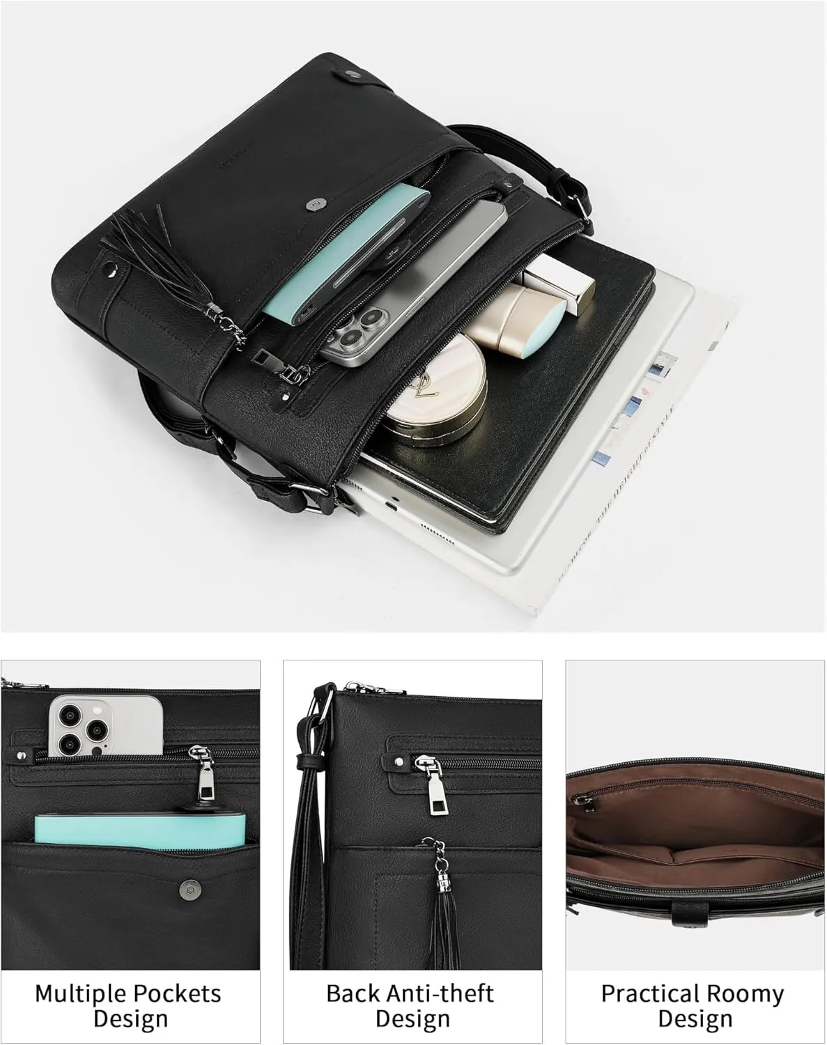 FADEON Large Crossbody Purses for Women Crossbody Bag, Designer Leather Cross Body Purses Multi Pocket Shoulder Bag