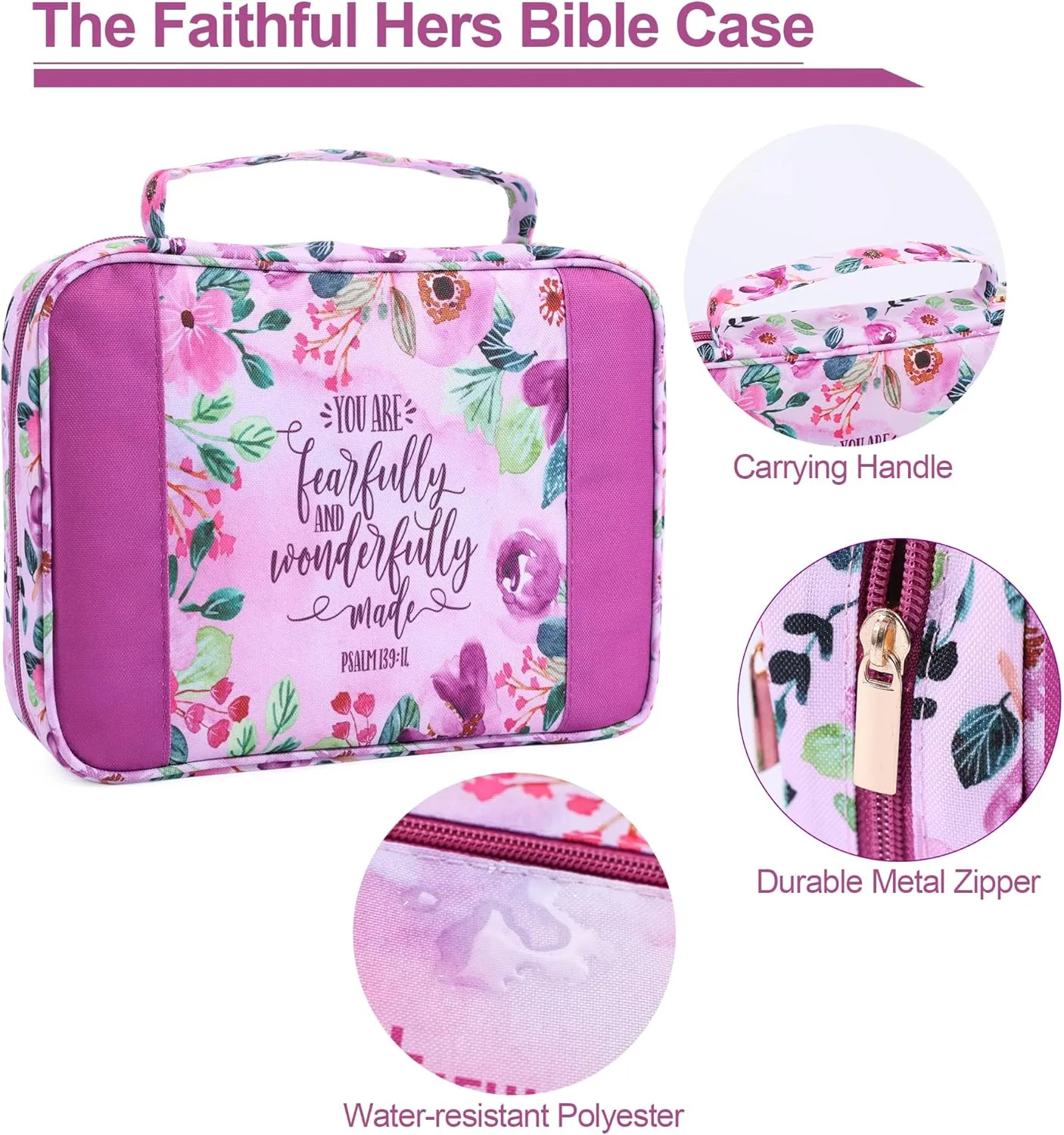 Faithful Hers Bible Cover Case Set - Bible Carrier with Handles, Pockets, Zipper for Women, Men, Kids