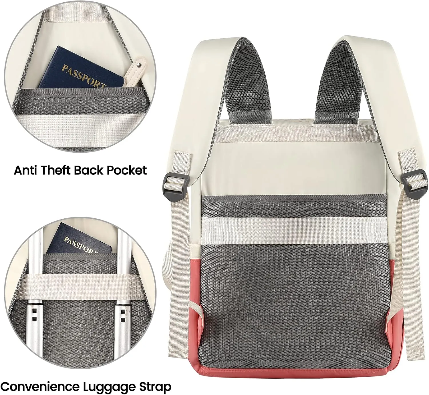 FALANKO Laptop Backpack for Women,Teacher Doctor Nurse Work Purse Bag for 15.6 Inch Laptop, Wide Open backpack With USB Charging Port RFID Pocket, Large, Water Resistant, White-Pink