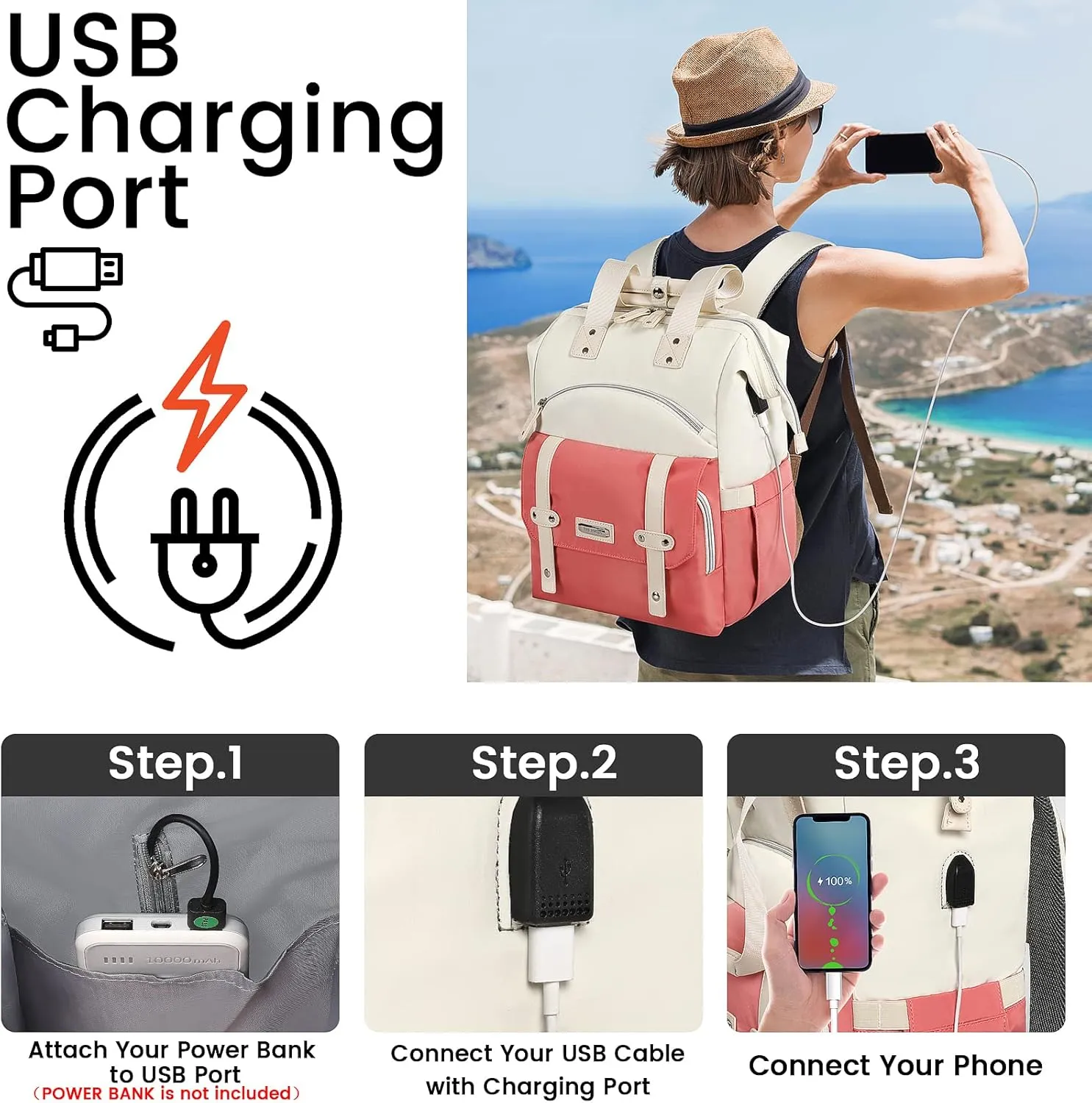FALANKO Laptop Backpack for Women,Teacher Doctor Nurse Work Purse Bag for 15.6 Inch Laptop, Wide Open backpack With USB Charging Port RFID Pocket, Large, Water Resistant, White-Pink