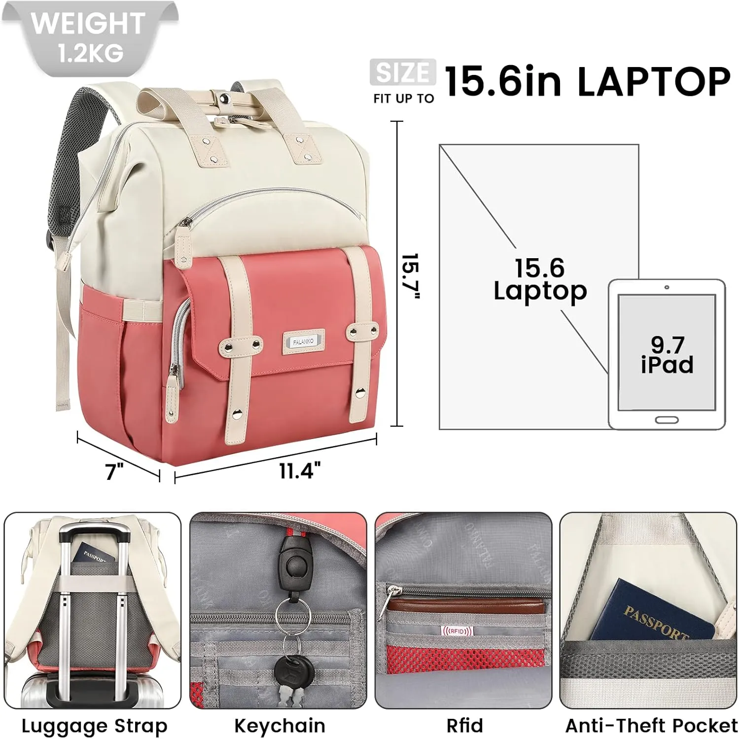 FALANKO Laptop Backpack for Women,Teacher Doctor Nurse Work Purse Bag for 15.6 Inch Laptop, Wide Open backpack With USB Charging Port RFID Pocket, Large, Water Resistant, White-Pink