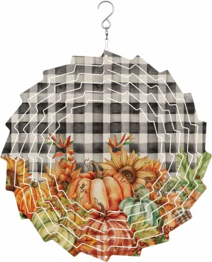 Fall Orange Pumpkin Wind Spinner for Yard and Garden,Thanksgiving Sunflowers Leaves Check Hanging Wind Spinner Outdoor 3D Kinetic Wind Sculpture Spinners Indoor Outdoor Décor Ornaments Gift 12 inch