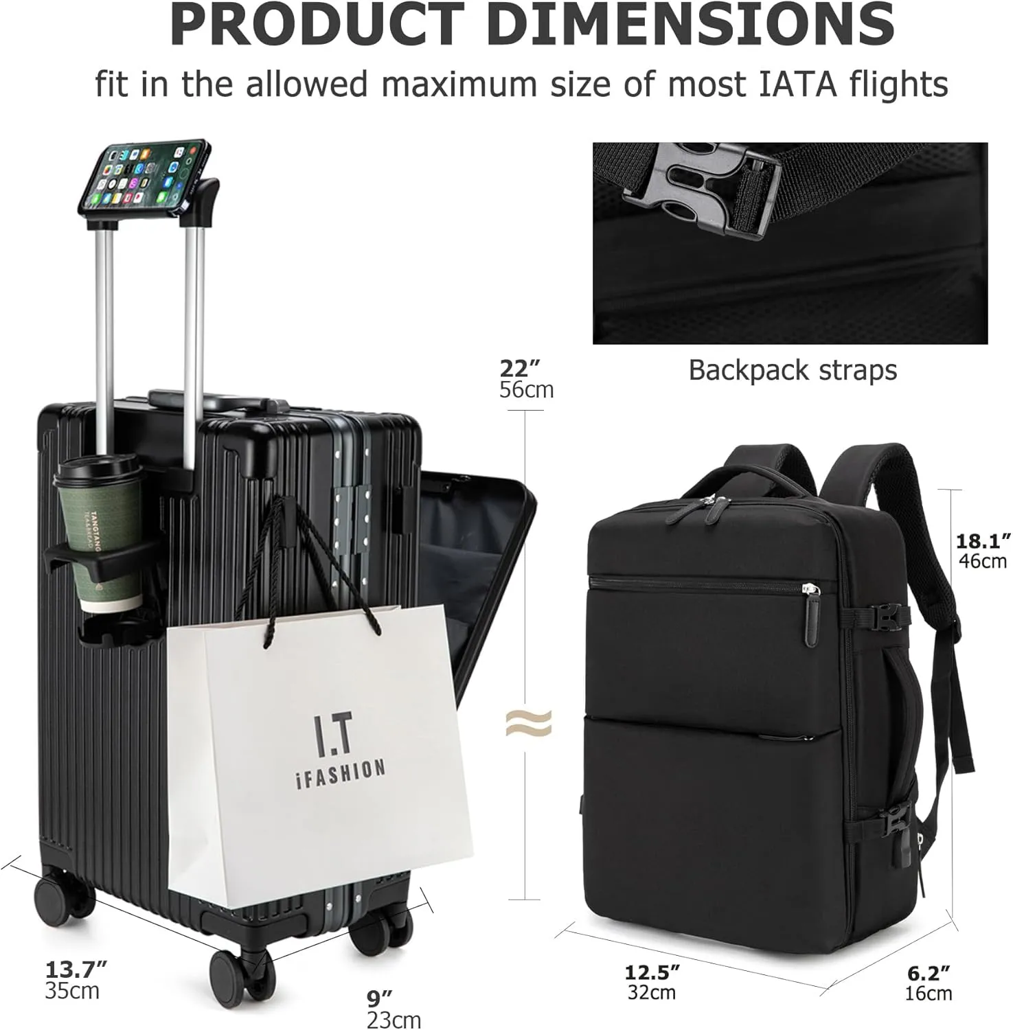 feilario 2 Piece Set 24in Aluminium Frame Hardside Spinner Wheel Luggage, Built-In TSA lock Carry on Suitcase with Cup Holder & Phone Holder