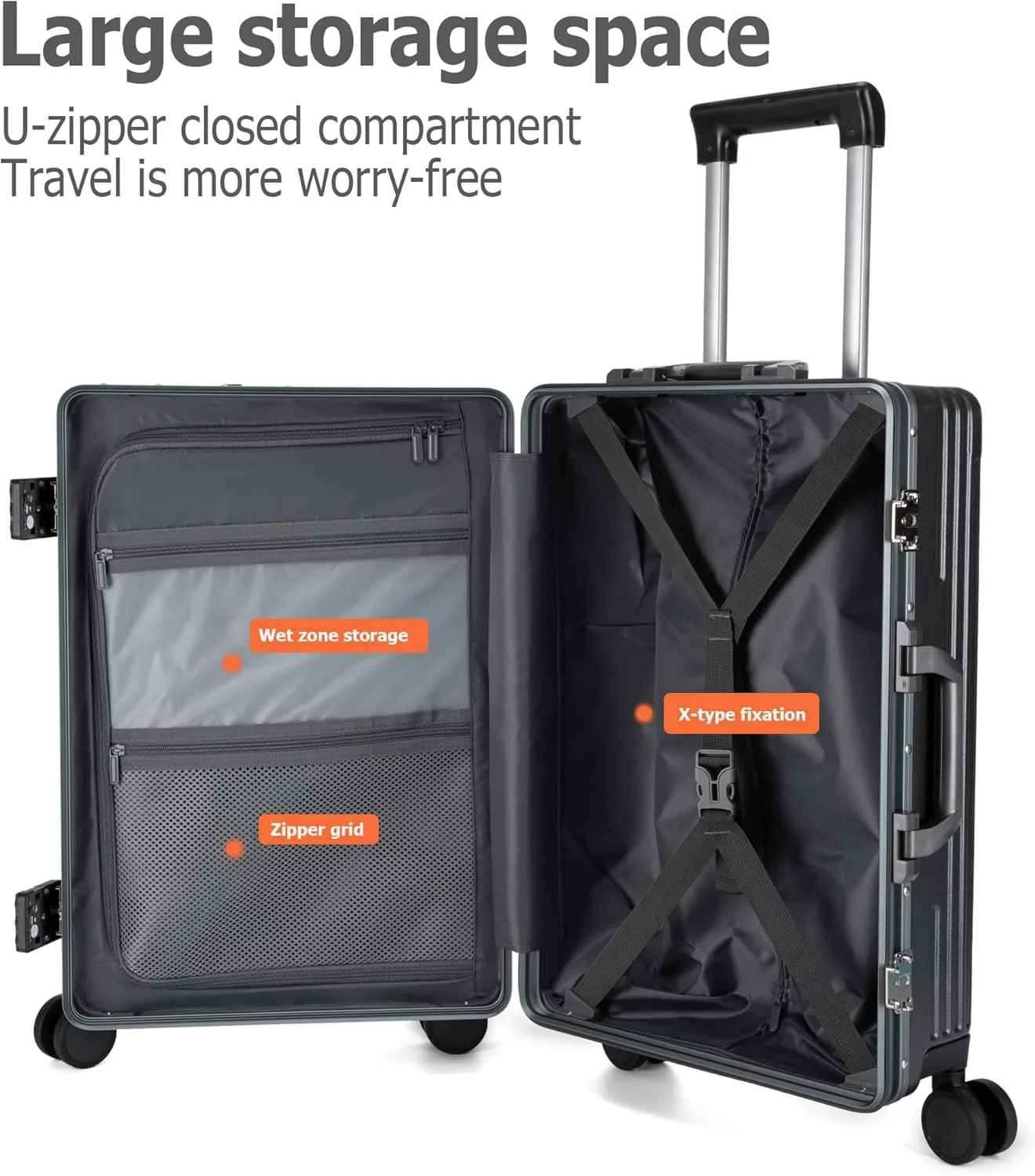 feilario 20in Aluminium Frame Hardside Spinner Wheel Luggage, Built-In TSA lock Carry on Suitcase, with Cup Holder & USB Port & Phone Holder
