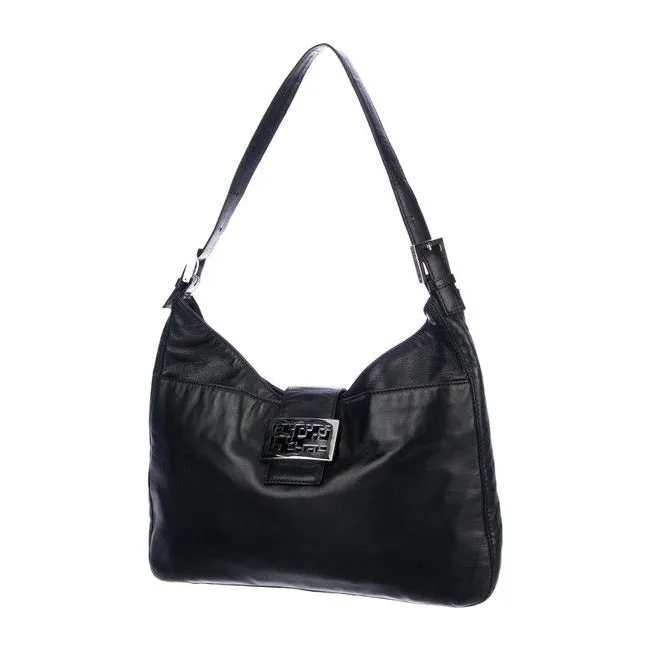 Fendi Shoulder Bag Hobo W V Shaped Style Clasp Black Leatherenamel Ff Satchel