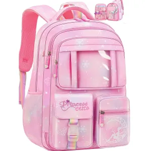 Ficcug School Bag Backpacks for Girls,Elementary Shoulder School Bookbag for Kids Teens,Pink