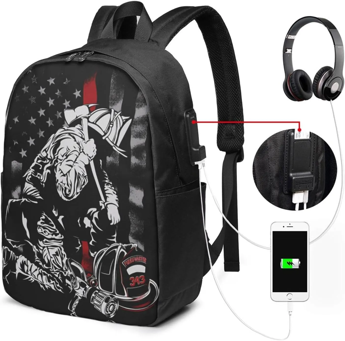 Firefighter American Flag Memorial Never Forget Flag Backpack 17 Inch Laptop Backpacks Outdoor Travel Rucksack Work Business Daypack with USB Port Carry On Bag for Cycling Hiking