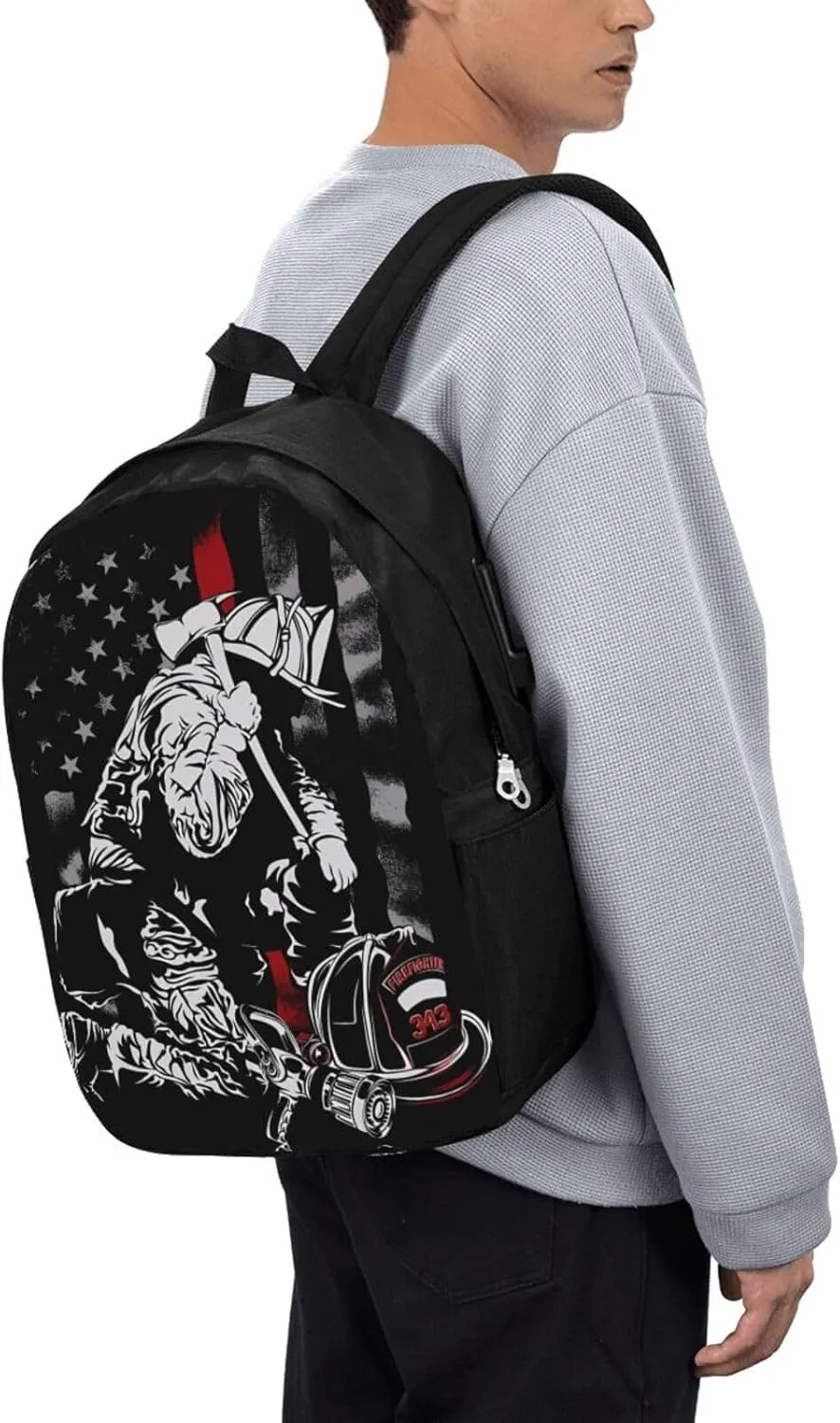 Firefighter American Flag Memorial Never Forget Flag Backpack 17 Inch Laptop Backpacks Outdoor Travel Rucksack Work Business Daypack with USB Port Carry On Bag for Cycling Hiking