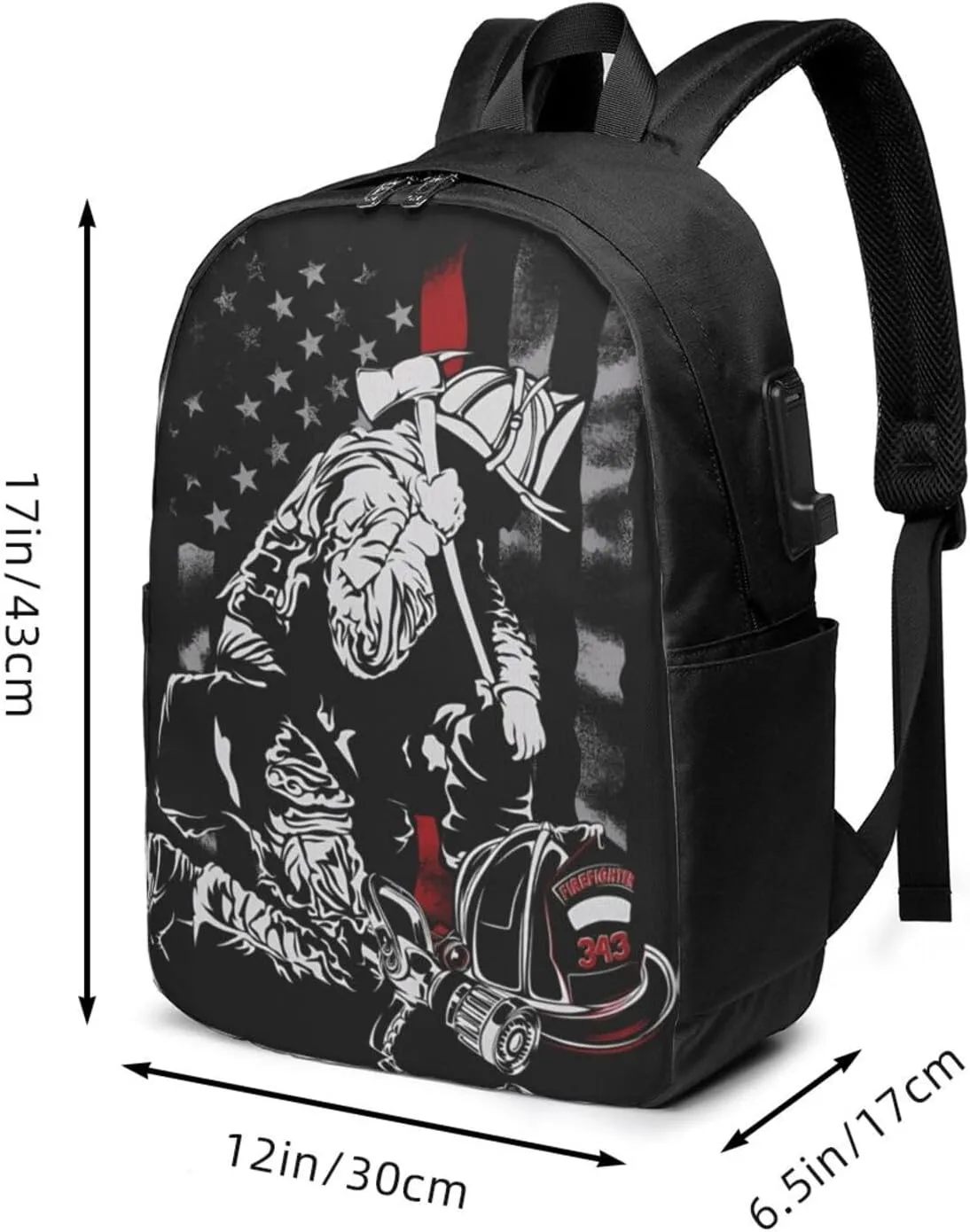 Firefighter American Flag Memorial Never Forget Flag Backpack 17 Inch Laptop Backpacks Outdoor Travel Rucksack Work Business Daypack with USB Port Carry On Bag for Cycling Hiking