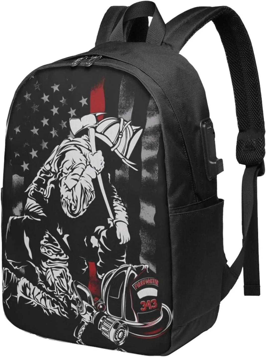 Firefighter American Flag Memorial Never Forget Flag Backpack 17 Inch Laptop Backpacks Outdoor Travel Rucksack Work Business Daypack with USB Port Carry On Bag for Cycling Hiking