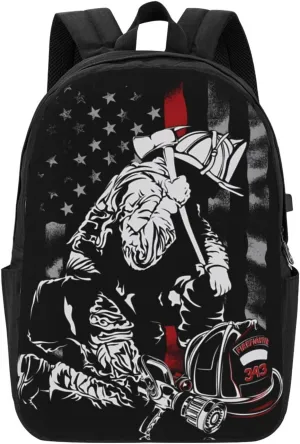 Firefighter American Flag Memorial Never Forget Flag Backpack 17 Inch Laptop Backpacks Outdoor Travel Rucksack Work Business Daypack with USB Port Carry On Bag for Cycling Hiking