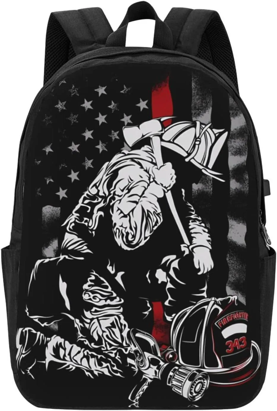 Firefighter American Flag Memorial Never Forget Flag Backpack 17 Inch Laptop Backpacks Outdoor Travel Rucksack Work Business Daypack with USB Port Carry On Bag for Cycling Hiking