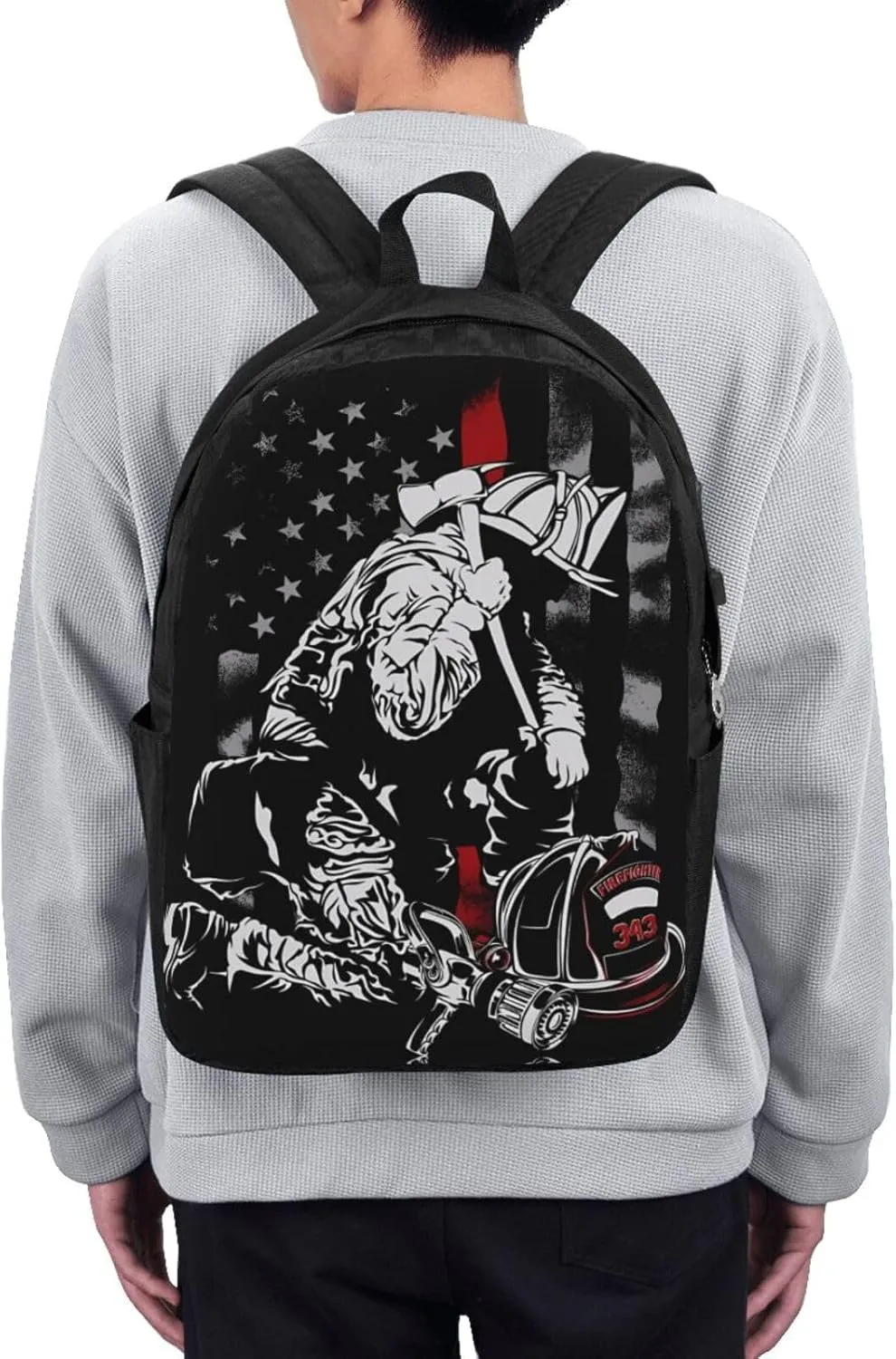 Firefighter American Flag Memorial Never Forget Flag Backpack 17 Inch Laptop Backpacks Outdoor Travel Rucksack Work Business Daypack with USB Port Carry On Bag for Cycling Hiking