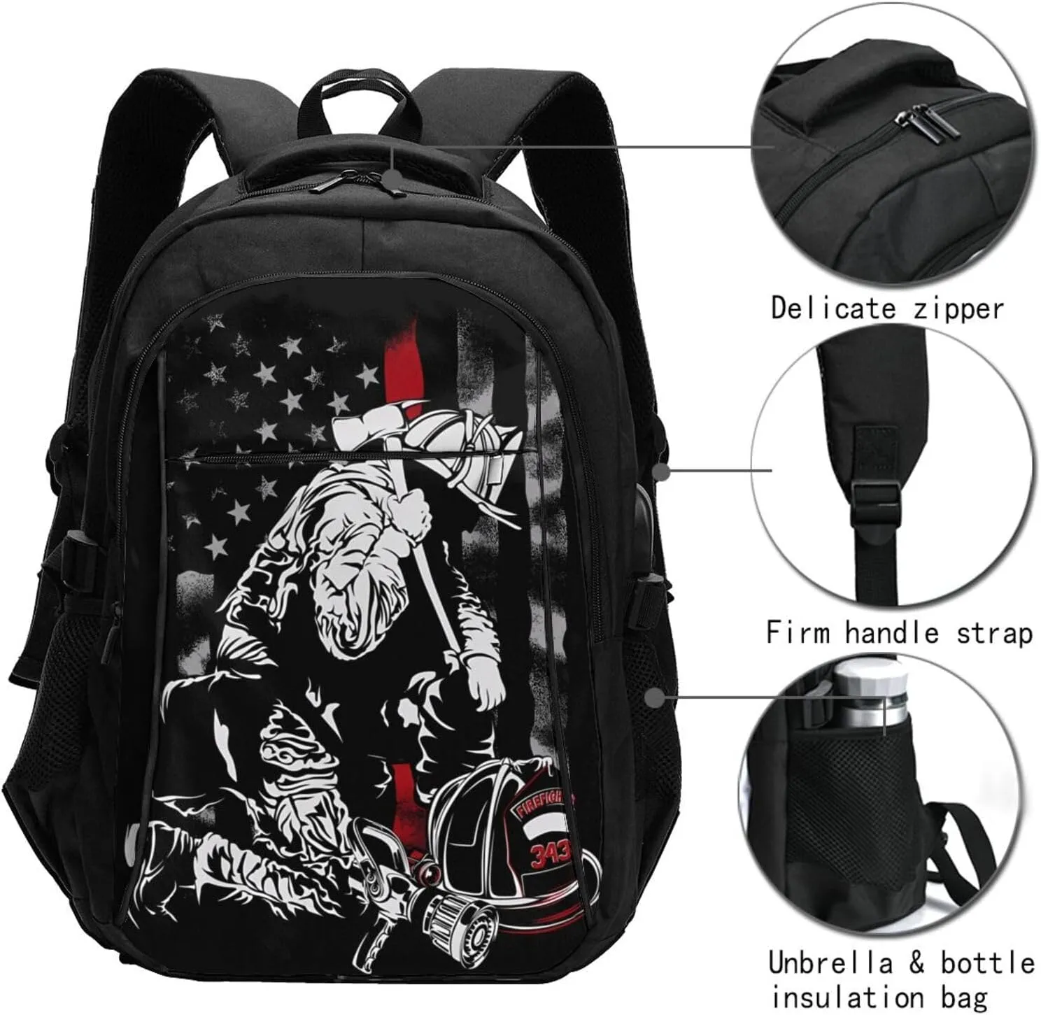 Firefighter American Flag Memorial Never Forget Flag Travel Backpack Laptop Backpacks Business Rucksack Outdoor Daypack Large Sport Bag with Luggage Strap USB Charging Port for Hiking Working