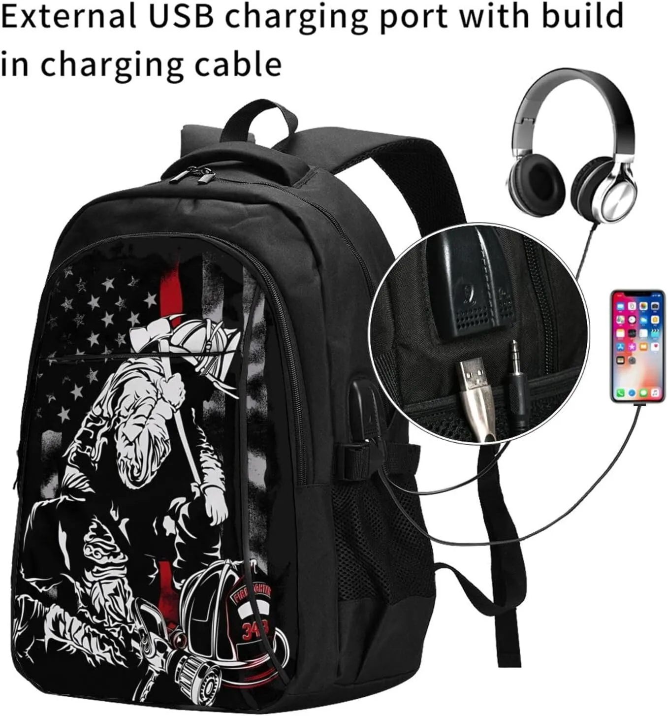 Firefighter American Flag Memorial Never Forget Flag Travel Backpack Laptop Backpacks Business Rucksack Outdoor Daypack Large Sport Bag with Luggage Strap USB Charging Port for Hiking Working
