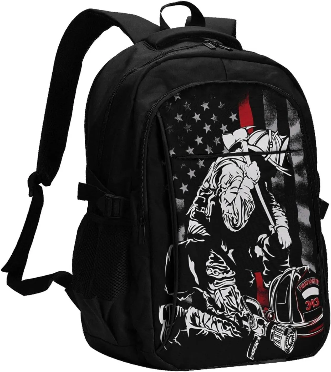 Firefighter American Flag Memorial Never Forget Flag Travel Backpack Laptop Backpacks Business Rucksack Outdoor Daypack Large Sport Bag with Luggage Strap USB Charging Port for Hiking Working