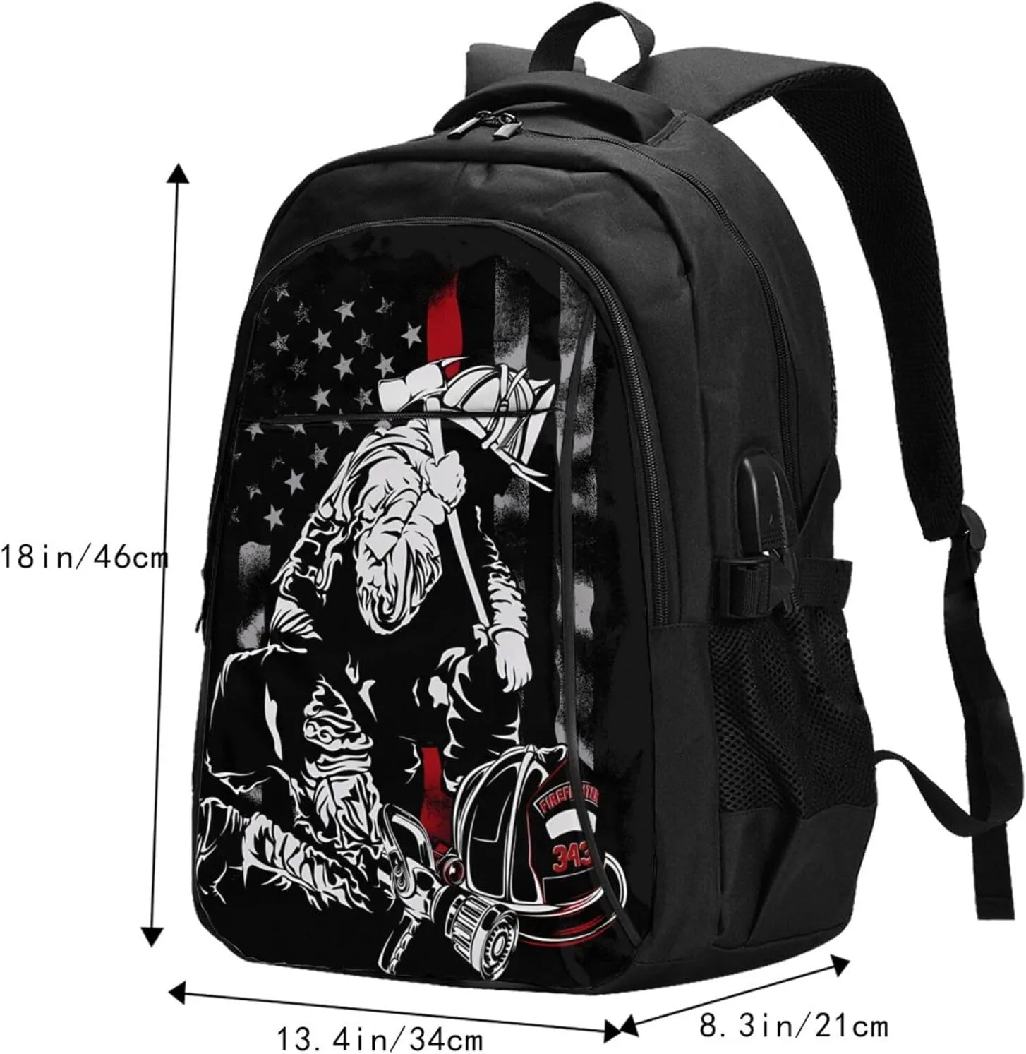 Firefighter American Flag Memorial Never Forget Flag Travel Backpack Laptop Backpacks Business Rucksack Outdoor Daypack Large Sport Bag with Luggage Strap USB Charging Port for Hiking Working