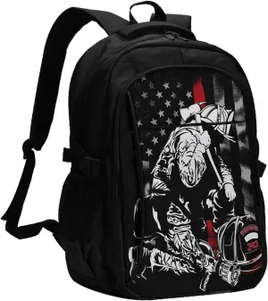 Firefighter American Flag Memorial Never Forget Flag Travel Backpack Laptop Backpacks Business Rucksack Outdoor Daypack Large Sport Bag with Luggage Strap USB Charging Port for Hiking Working