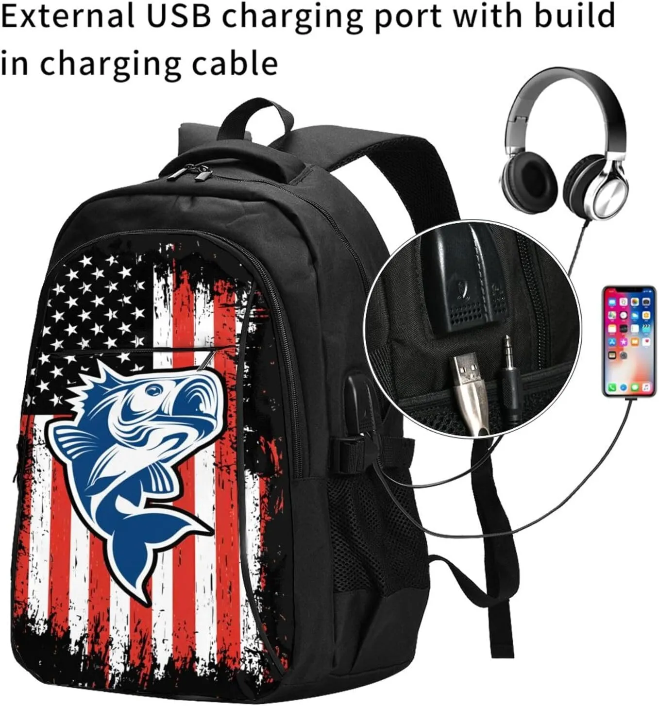 Fishing American Flag Travel Backpack Laptop Backpacks Business Rucksack Outdoor Daypack Large Sport Bag with Luggage Strap USB Charging Port for Hiking Working