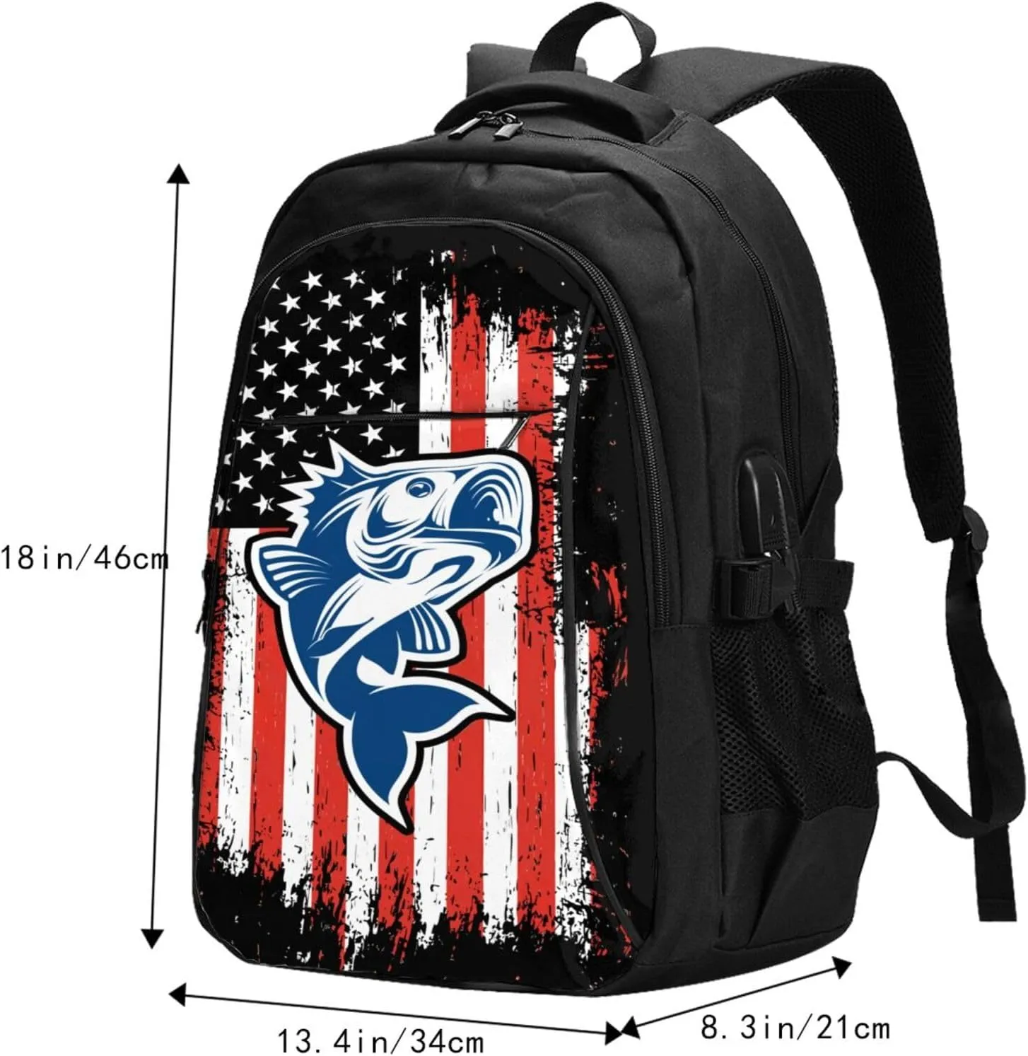 Fishing American Flag Travel Backpack Laptop Backpacks Business Rucksack Outdoor Daypack Large Sport Bag with Luggage Strap USB Charging Port for Hiking Working