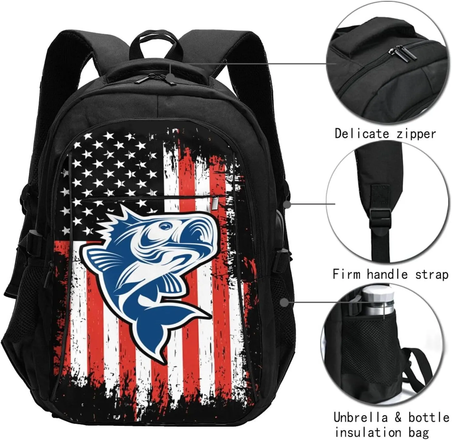 Fishing American Flag Travel Backpack Laptop Backpacks Business Rucksack Outdoor Daypack Large Sport Bag with Luggage Strap USB Charging Port for Hiking Working