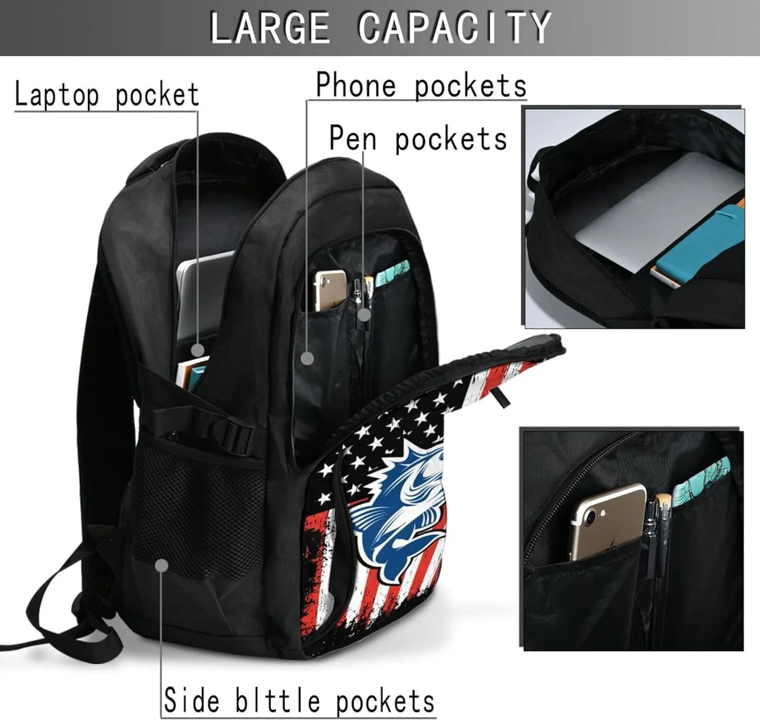 Fishing American Flag Travel Backpack Laptop Backpacks Business Rucksack Outdoor Daypack Large Sport Bag with Luggage Strap USB Charging Port for Hiking Working