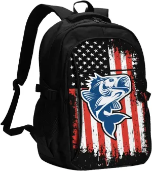Fishing American Flag Travel Backpack Laptop Backpacks Business Rucksack Outdoor Daypack Large Sport Bag with Luggage Strap USB Charging Port for Hiking Working