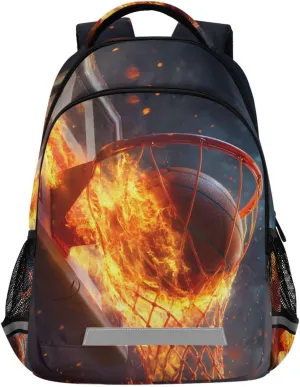 Flaming Basketball Hoop School Backpack for Girls Boys Elementary Middle School Book Bag Teens Kids Casual Travel Daypack Student Knapsack